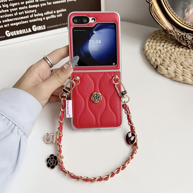 For Samsung Galaxy Z Flip5 Puffer Jacket 3D Camellia Pattern Phone Case with Wrist Strap