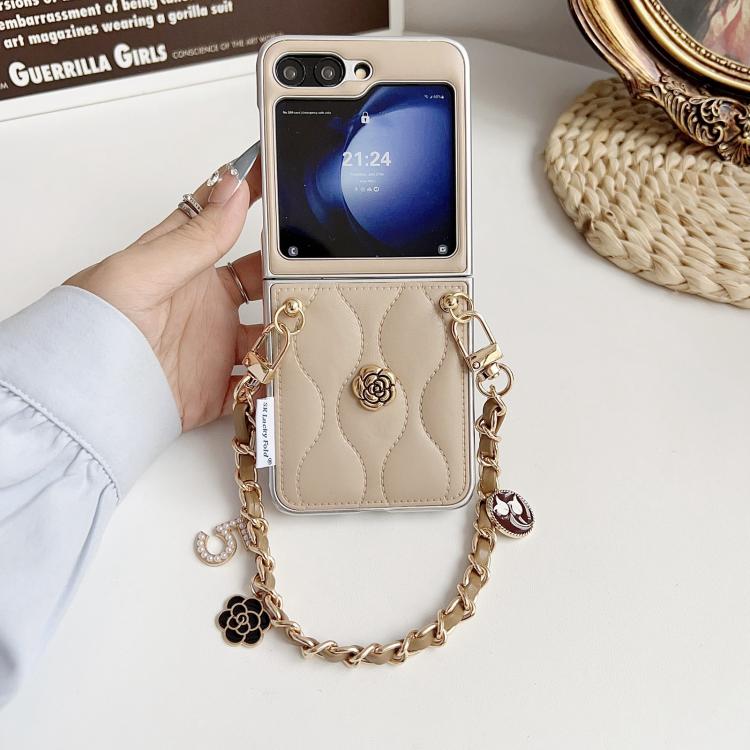 For Samsung Galaxy Z Flip5 Puffer Jacket 3D Camellia Pattern Phone Case with Wrist Strap