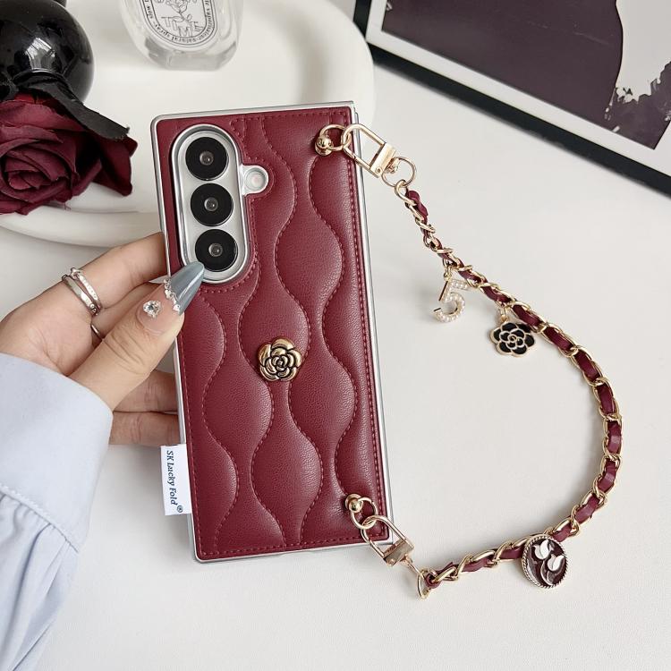 For Samsung Galaxy Z Fold7 5G Puffer Jacket 3D Camellia Pattern Phone Case with Wrist Strap