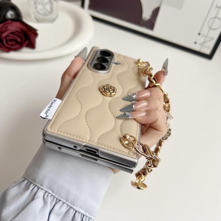 For Samsung Galaxy Z Fold7 5G Puffer Jacket 3D Camellia Pattern Phone Case with Wrist Strap