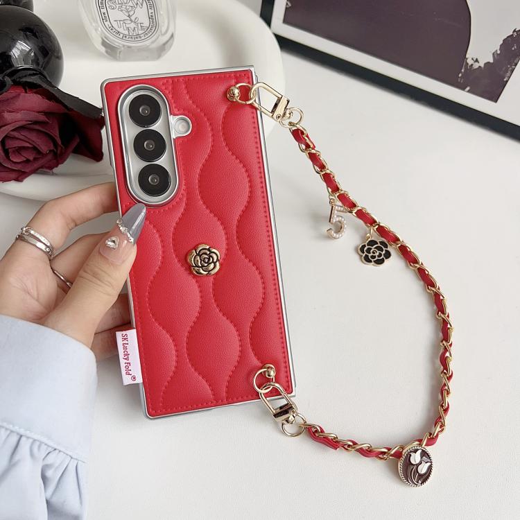 For Samsung Galaxy Z Fold7 5G Puffer Jacket 3D Camellia Pattern Phone Case with Wrist Strap