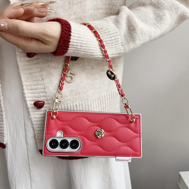 For Samsung Galaxy Z Fold7 5G Puffer Jacket 3D Camellia Pattern Phone Case with Wrist Strap
