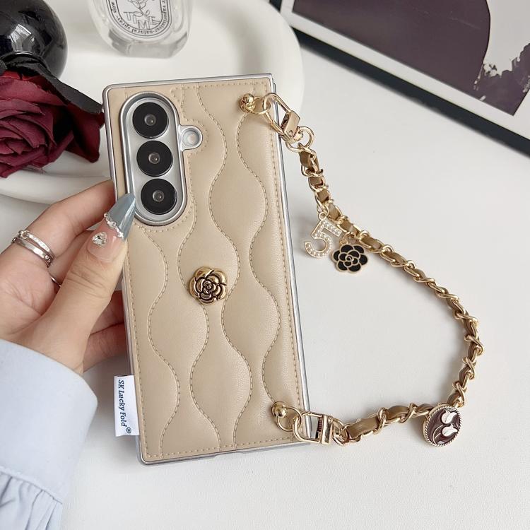 For Samsung Galaxy Z Fold7 5G Puffer Jacket 3D Camellia Pattern Phone Case with Wrist Strap