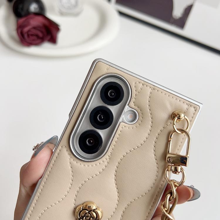 For Samsung Galaxy Z Fold7 5G Puffer Jacket 3D Camellia Pattern Phone Case with Wrist Strap