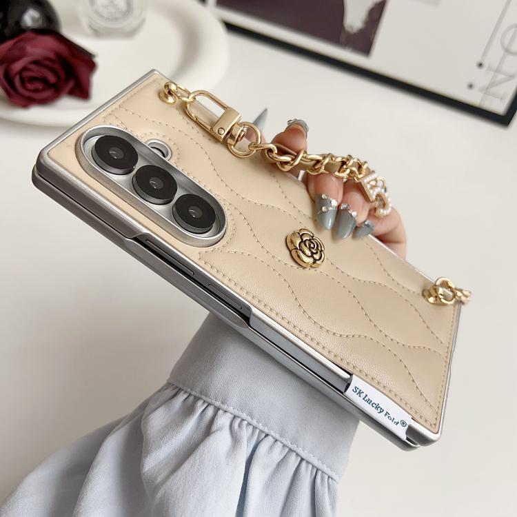 For Samsung Galaxy Z Fold7 5G Puffer Jacket 3D Camellia Pattern Phone Case with Wrist Strap