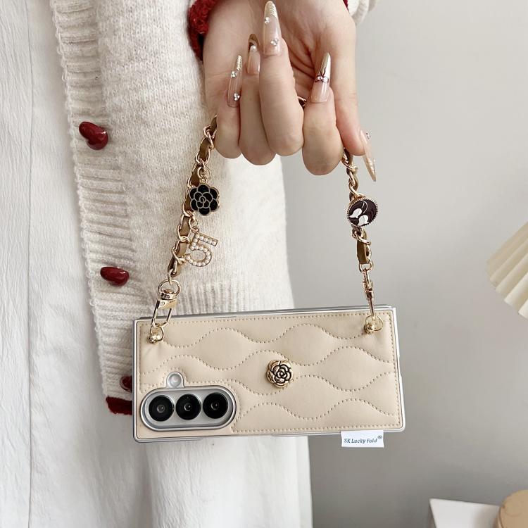 For Samsung Galaxy Z Fold7 5G Puffer Jacket 3D Camellia Pattern Phone Case with Wrist Strap