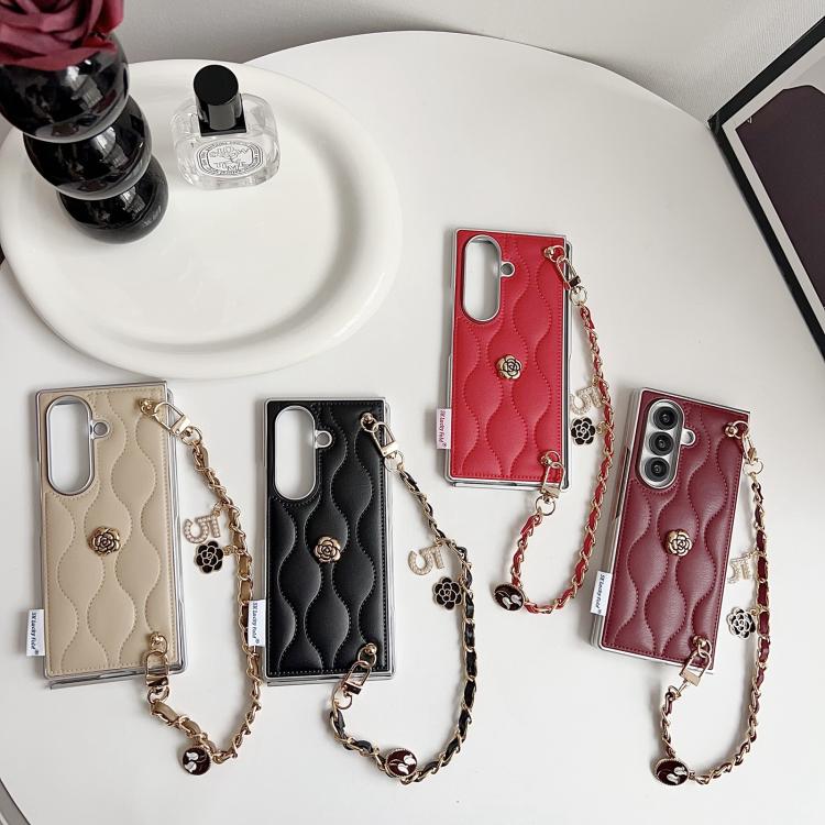 For Samsung Galaxy Z Fold7 5G Puffer Jacket 3D Camellia Pattern Phone Case with Wrist Strap