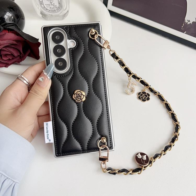 For Samsung Galaxy Z Fold7 5G Puffer Jacket 3D Camellia Pattern Phone Case with Wrist Strap