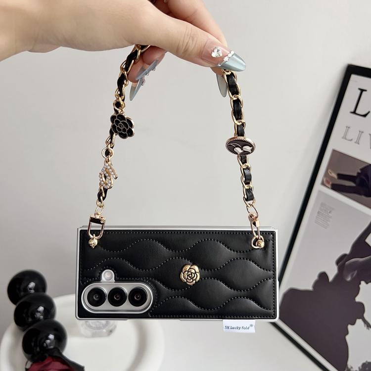 For Samsung Galaxy Z Fold7 5G Puffer Jacket 3D Camellia Pattern Phone Case with Wrist Strap