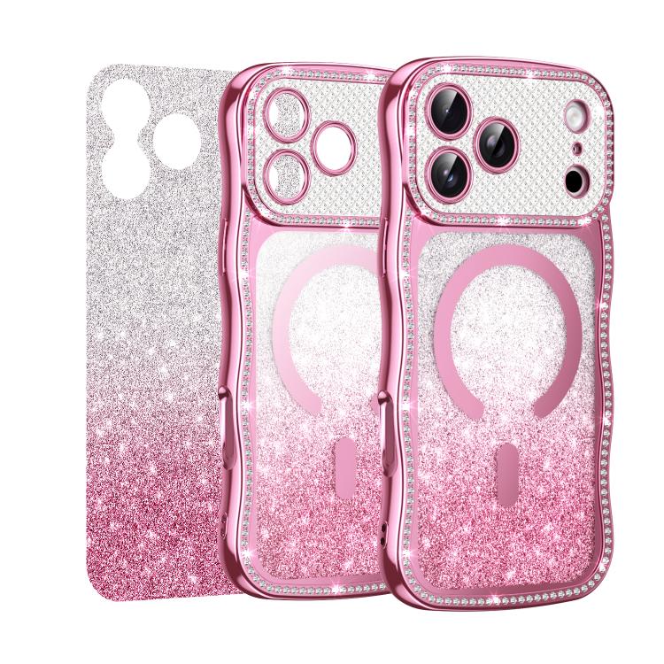 For iPhone 17 Pro Max Wavy Frame Star Diamond Electroplate TPU Glitter Magnetic Phone Case