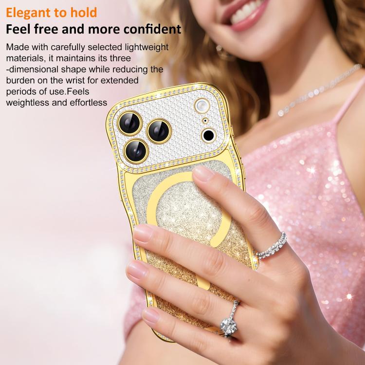 For iPhone 17 Pro Max Wavy Frame Star Diamond Electroplate TPU Glitter Magnetic Phone Case