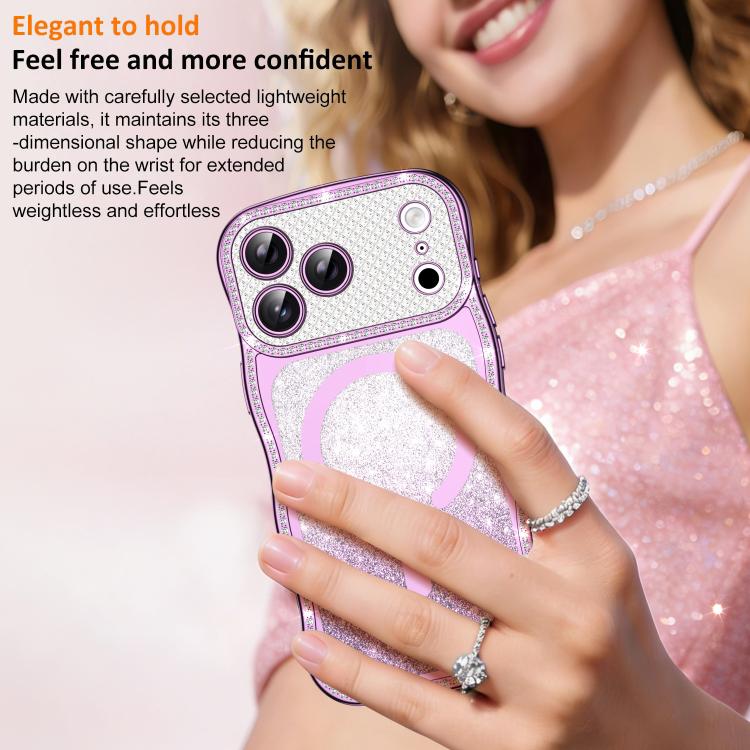 For iPhone 17 Pro Max Wavy Frame Star Diamond Electroplate TPU Glitter Magnetic Phone Case