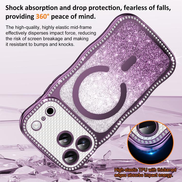 For iPhone 17 Pro Max Wavy Frame Star Diamond Electroplate TPU Glitter Magnetic Phone Case