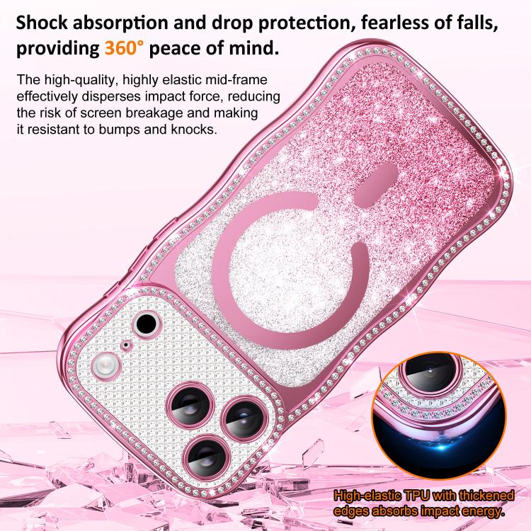 For iPhone 17 Pro Wavy Frame Star Diamond Electroplate TPU Glitter Magnetic Phone Case