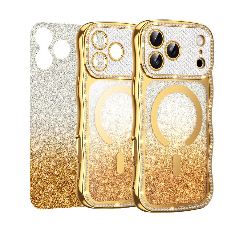 For iPhone 17 Pro Wavy Frame Star Diamond Electroplate TPU Glitter Magnetic Phone Case