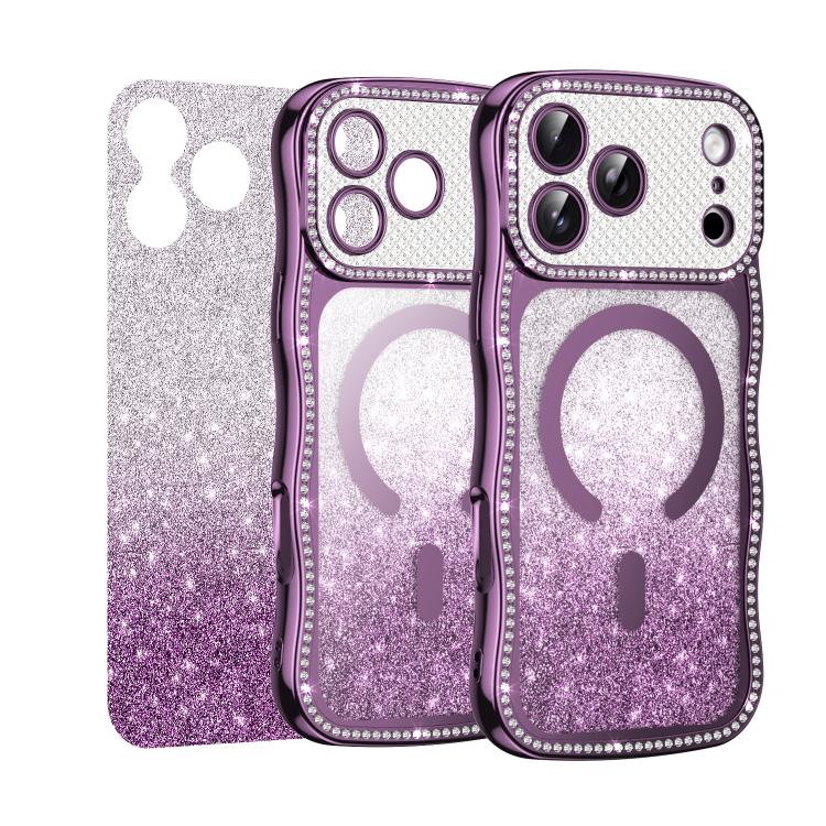 For iPhone 17 Pro Wavy Frame Star Diamond Electroplate TPU Glitter Magnetic Phone Case