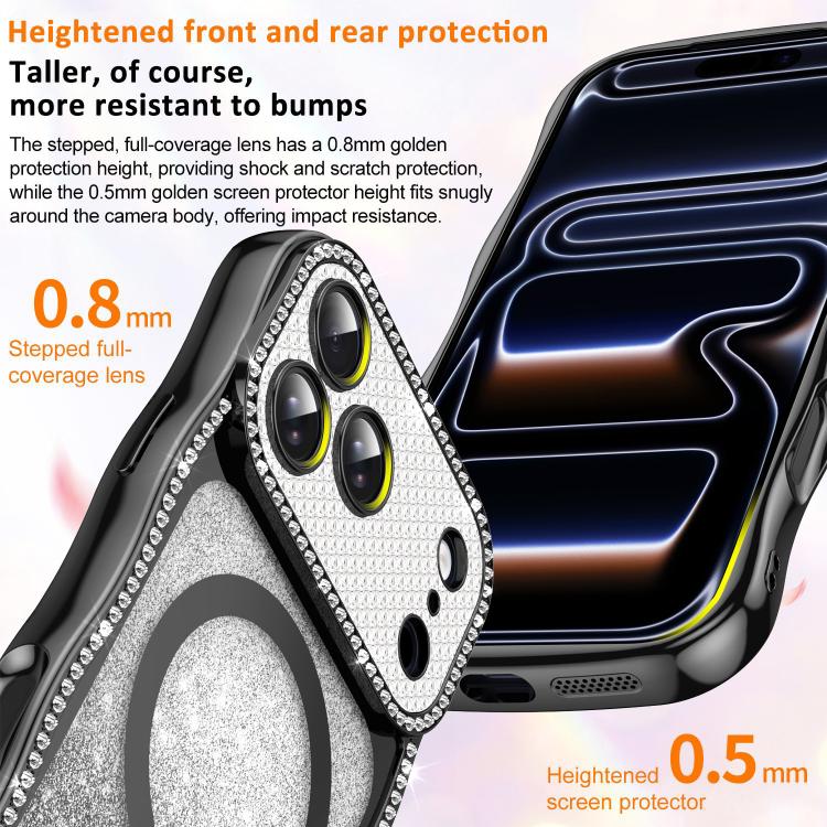 For iPhone 17 Pro Wavy Frame Star Diamond Electroplate TPU Glitter Magnetic Phone Case