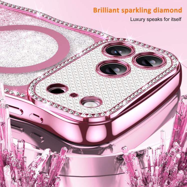 For iPhone 16 Pro Max Wavy Frame Star Diamond Electroplate TPU Glitter Magnetic Phone Case
