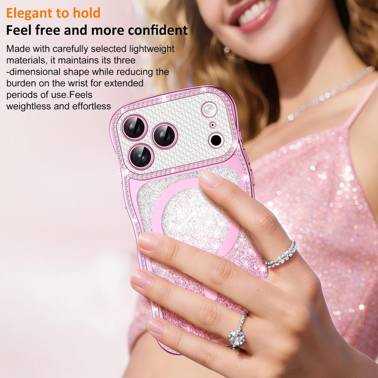For iPhone 16 Pro Max Wavy Frame Star Diamond Electroplate TPU Glitter Magnetic Phone Case