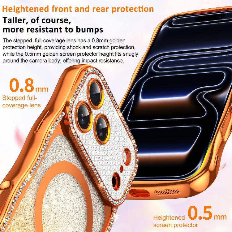 For iPhone 16 Pro Max Wavy Frame Star Diamond Electroplate TPU Glitter Magnetic Phone Case