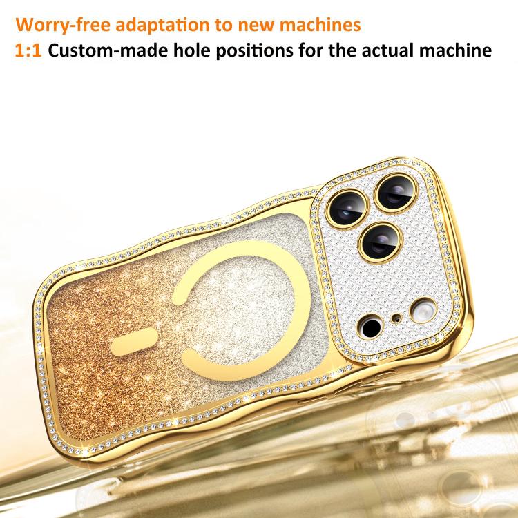 For iPhone 16 Pro Max Wavy Frame Star Diamond Electroplate TPU Glitter Magnetic Phone Case