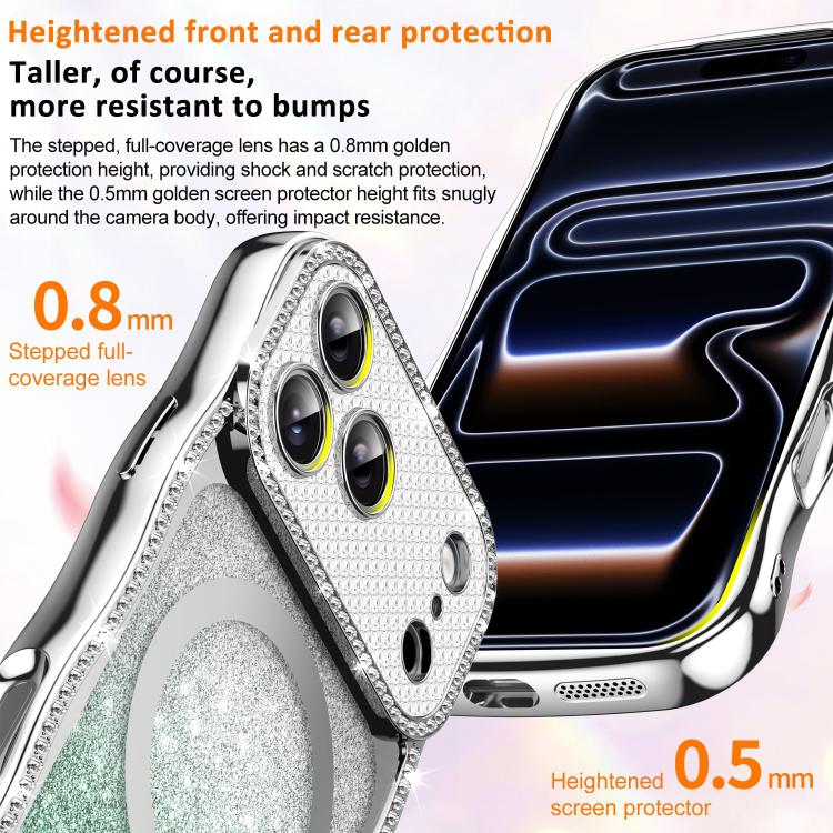 For iPhone 16 Pro Max Wavy Frame Star Diamond Electroplate TPU Glitter Magnetic Phone Case