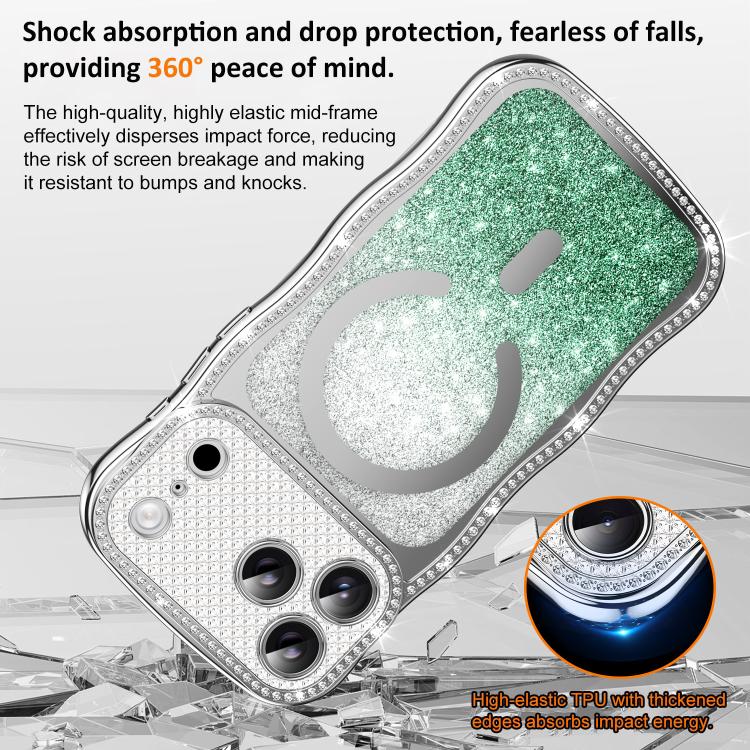 For iPhone 16 Pro Max Wavy Frame Star Diamond Electroplate TPU Glitter Magnetic Phone Case