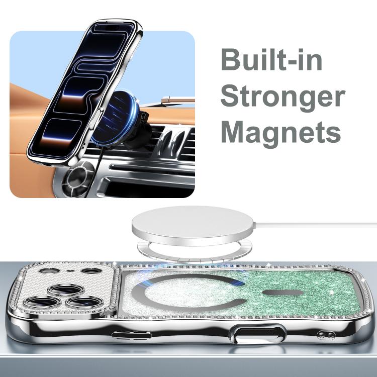 For iPhone 16 Pro Max Wavy Frame Star Diamond Electroplate TPU Glitter Magnetic Phone Case