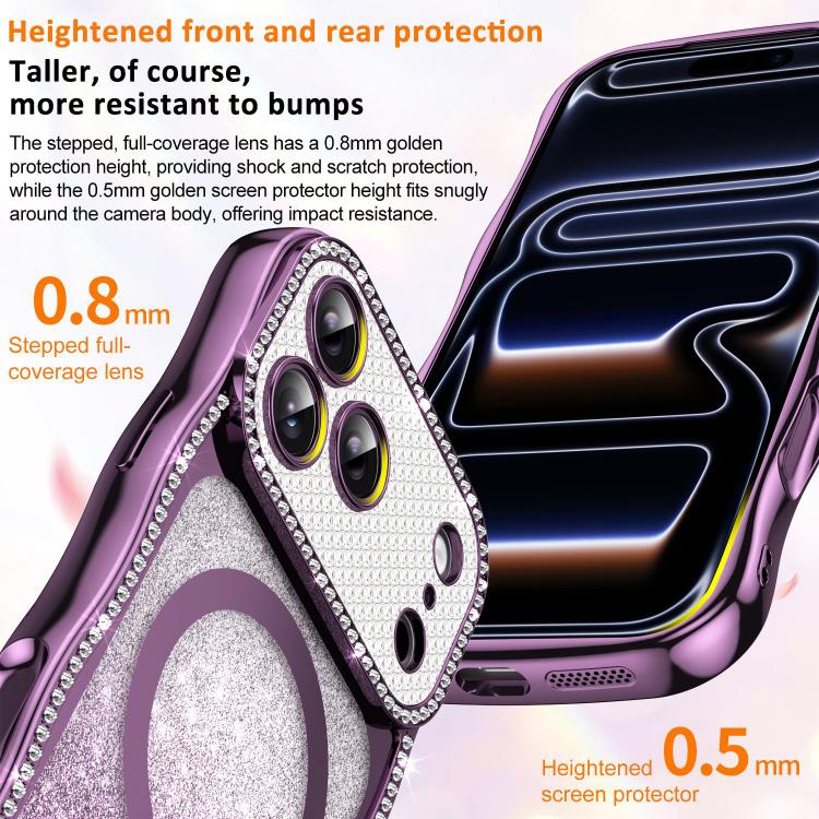 For iPhone 16 Pro Max Wavy Frame Star Diamond Electroplate TPU Glitter Magnetic Phone Case