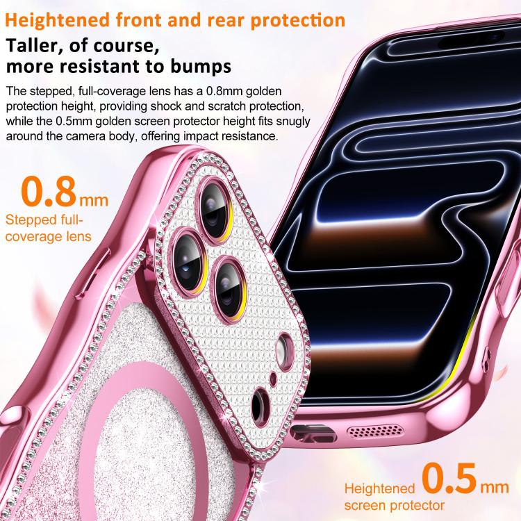 For iPhone 16 Pro Wavy Frame Star Diamond Electroplate TPU Glitter Magnetic Phone Case