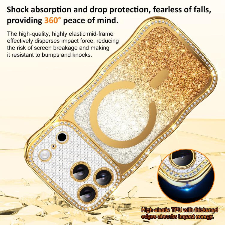 For iPhone 16 Pro Wavy Frame Star Diamond Electroplate TPU Glitter Magnetic Phone Case