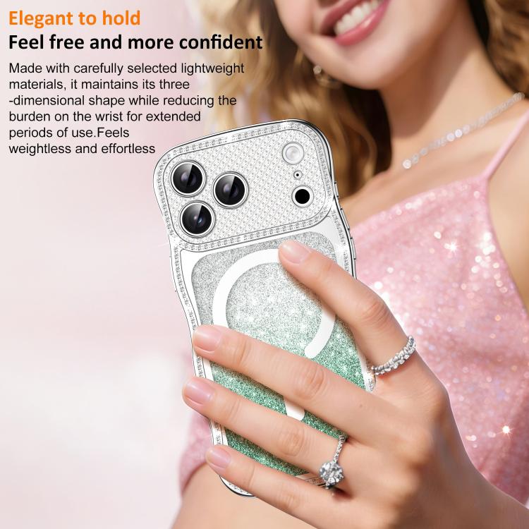 For iPhone 16 Pro Wavy Frame Star Diamond Electroplate TPU Glitter Magnetic Phone Case
