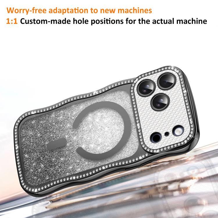 For iPhone 16 Pro Wavy Frame Star Diamond Electroplate TPU Glitter Magnetic Phone Case