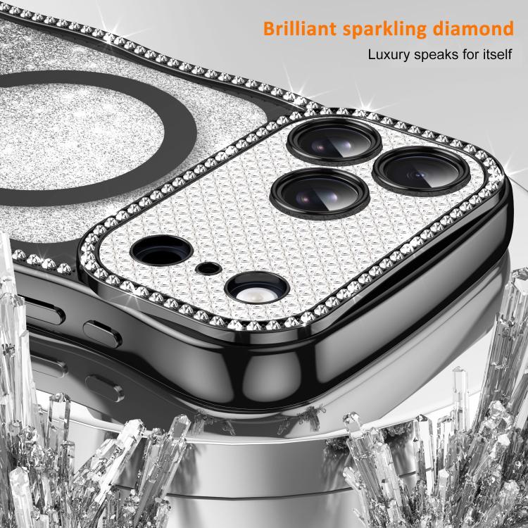 For iPhone 16 Pro Wavy Frame Star Diamond Electroplate TPU Glitter Magnetic Phone Case