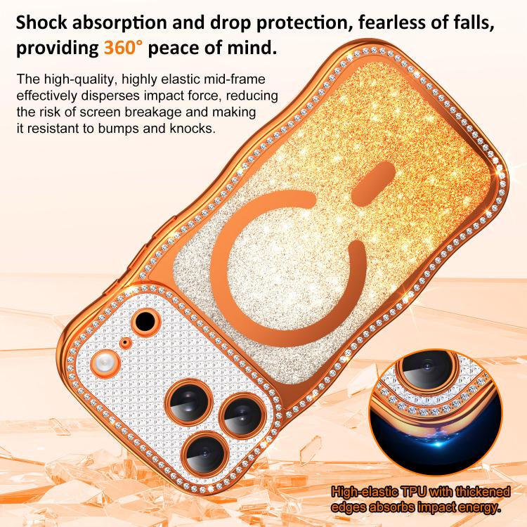 For iPhone 16 Wavy Frame Star Diamond Electroplate TPU Glitter Magnetic Phone Case