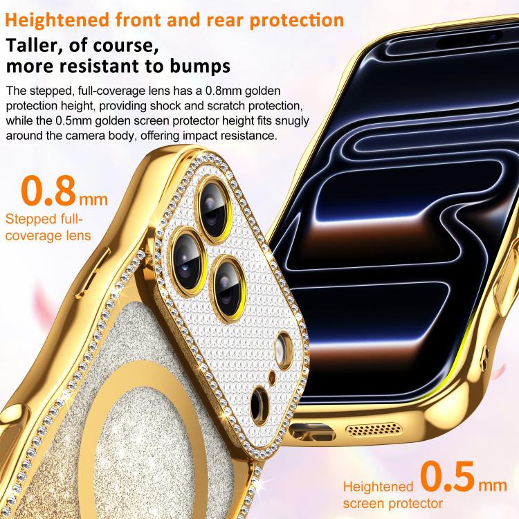 For iPhone 16 Wavy Frame Star Diamond Electroplate TPU Glitter Magnetic Phone Case