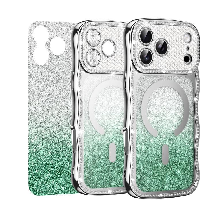 For iPhone 16 Wavy Frame Star Diamond Electroplate TPU Glitter Magnetic Phone Case