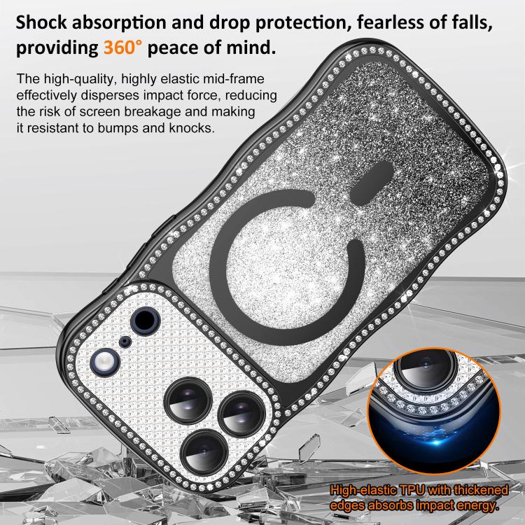 For iPhone 16 Wavy Frame Star Diamond Electroplate TPU Glitter Magnetic Phone Case