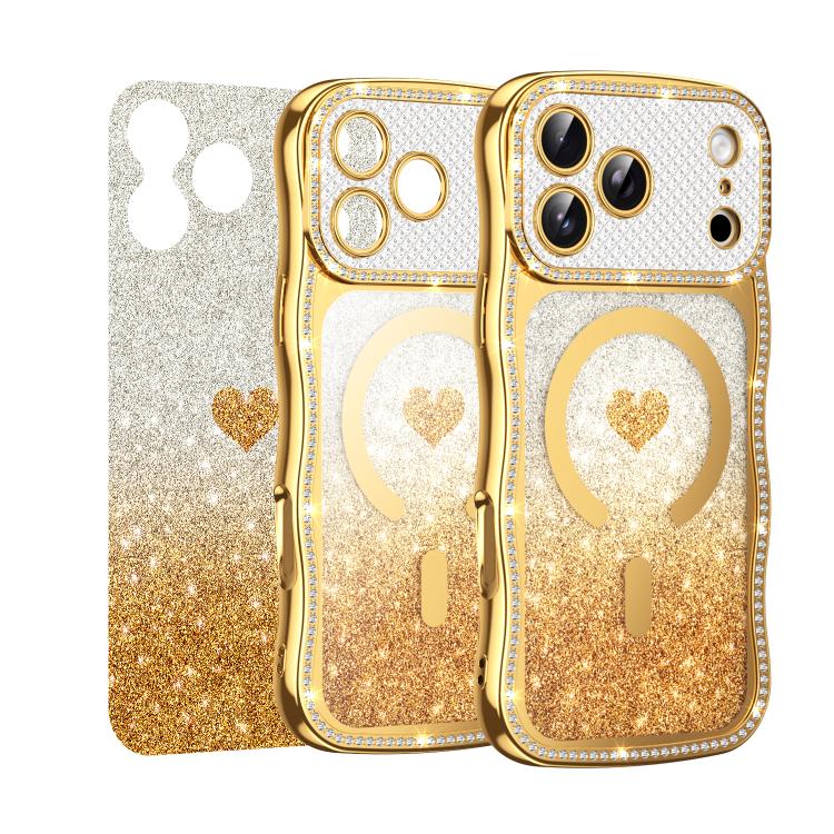 For iPhone 17 Pro Wavy Frame Star Diamond Electroplate TPU Glitter Heart Magnetic Phone Case