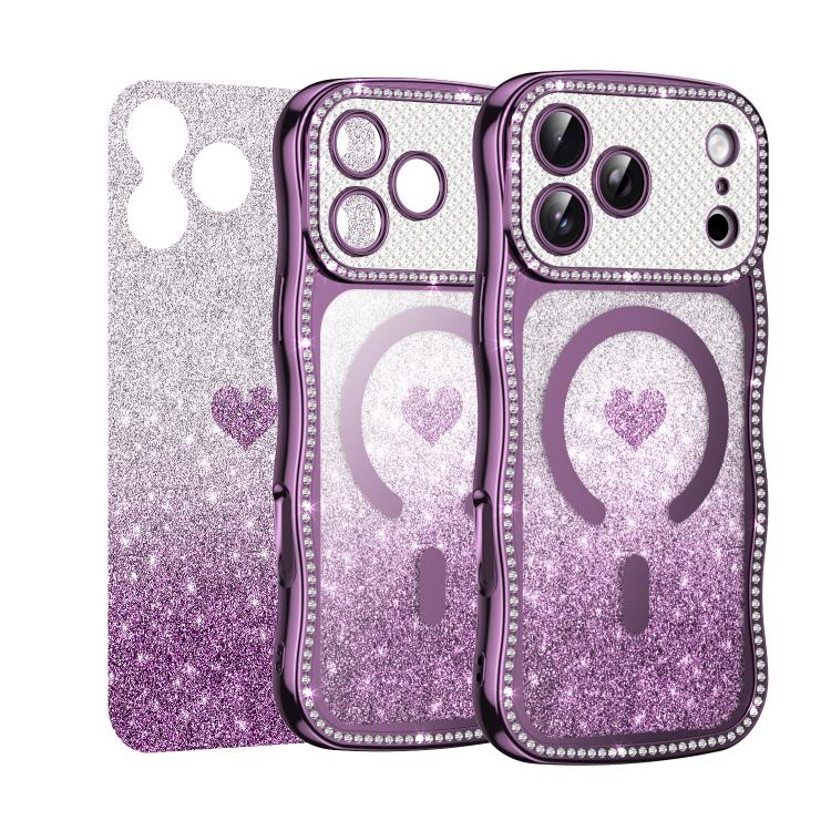 For iPhone 17 Pro Wavy Frame Star Diamond Electroplate TPU Glitter Heart Magnetic Phone Case