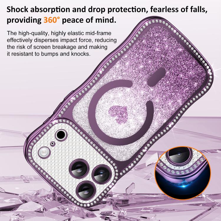 For iPhone 17 Pro Wavy Frame Star Diamond Electroplate TPU Glitter Heart Magnetic Phone Case