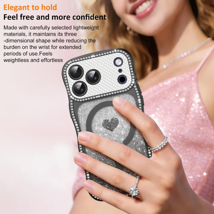 For iPhone 17 Pro Wavy Frame Star Diamond Electroplate TPU Glitter Heart Magnetic Phone Case