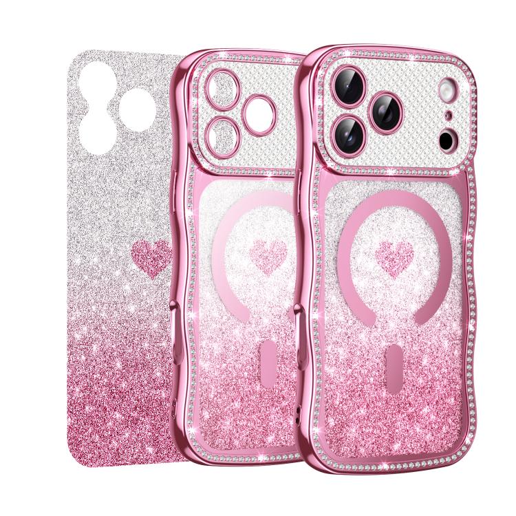 For iPhone 17 Wavy Frame Star Diamond Electroplate TPU Glitter Heart Magnetic Phone Case