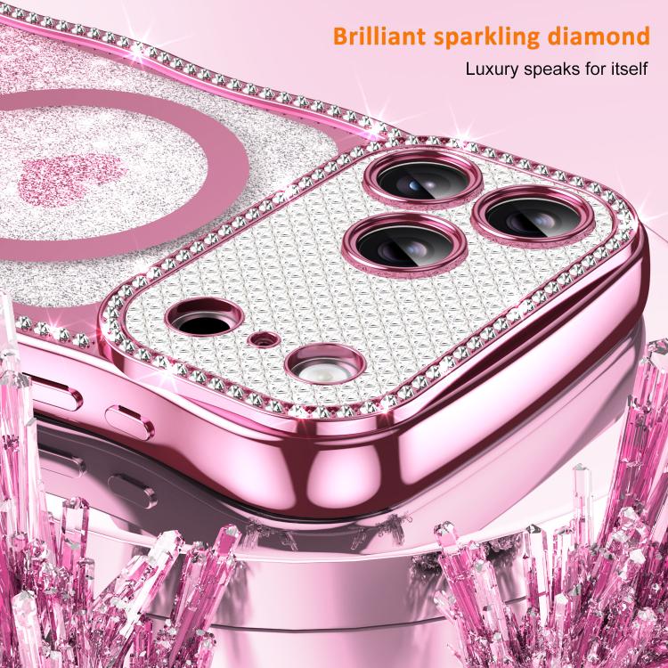 For iPhone 16 Pro Max Wavy Frame Star Diamond Electroplate TPU Glitter Heart Magnetic Phone Case