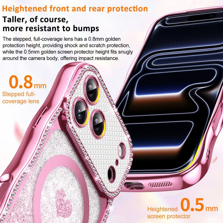 For iPhone 16 Pro Max Wavy Frame Star Diamond Electroplate TPU Glitter Heart Magnetic Phone Case
