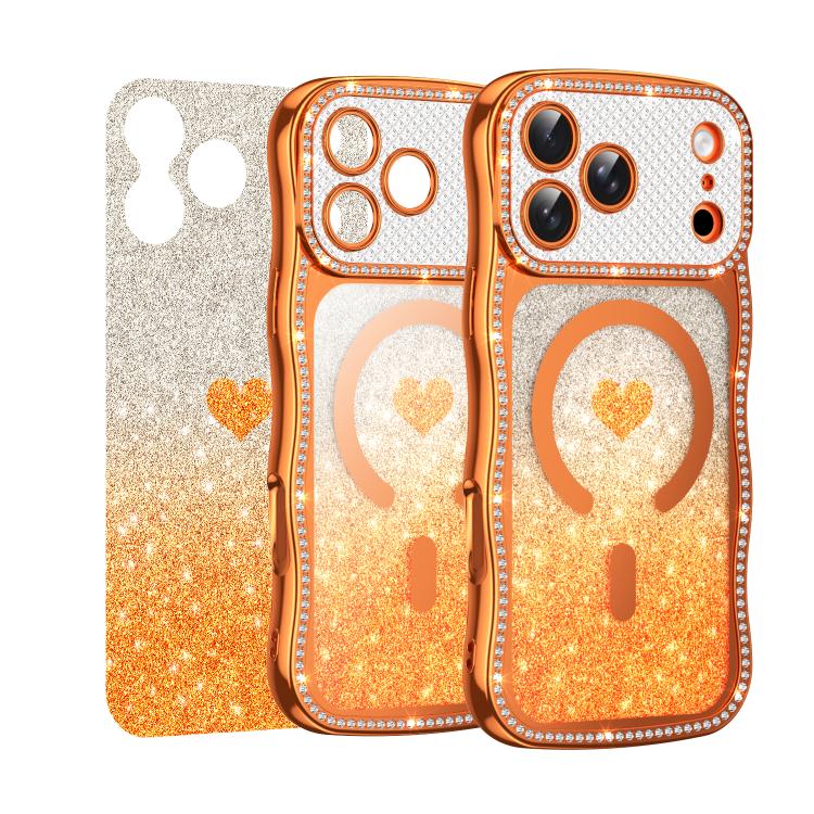 For iPhone 16 Pro Max Wavy Frame Star Diamond Electroplate TPU Glitter Heart Magnetic Phone Case