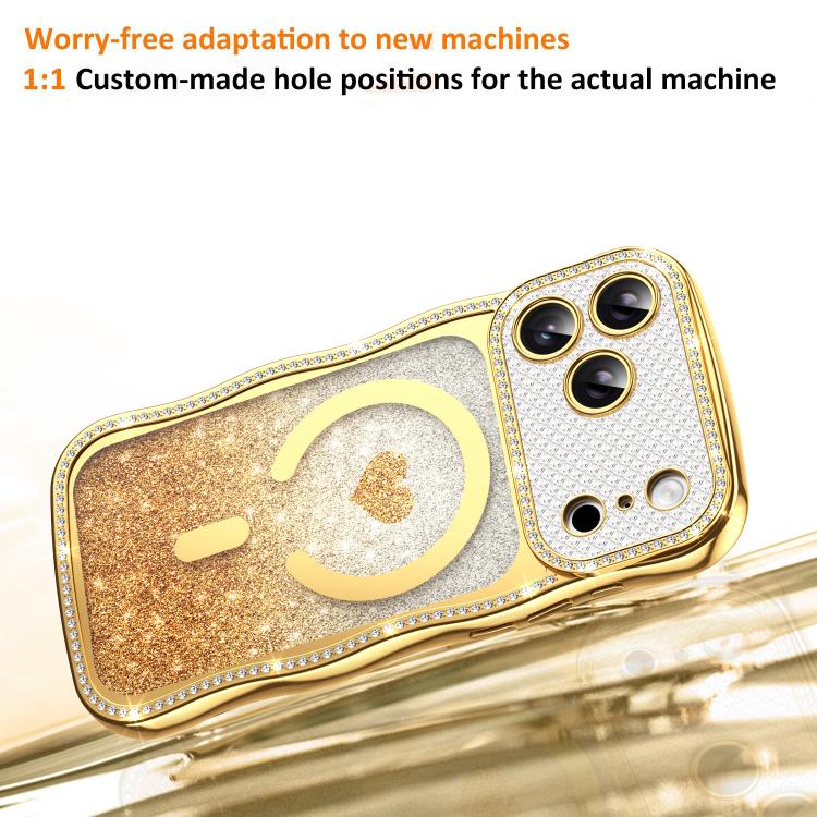 For iPhone 16 Pro Max Wavy Frame Star Diamond Electroplate TPU Glitter Heart Magnetic Phone Case