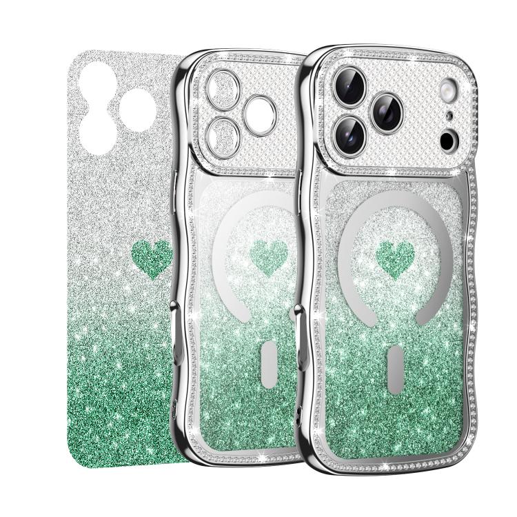 For iPhone 16 Pro Max Wavy Frame Star Diamond Electroplate TPU Glitter Heart Magnetic Phone Case
