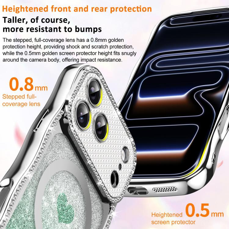 For iPhone 16 Pro Max Wavy Frame Star Diamond Electroplate TPU Glitter Heart Magnetic Phone Case