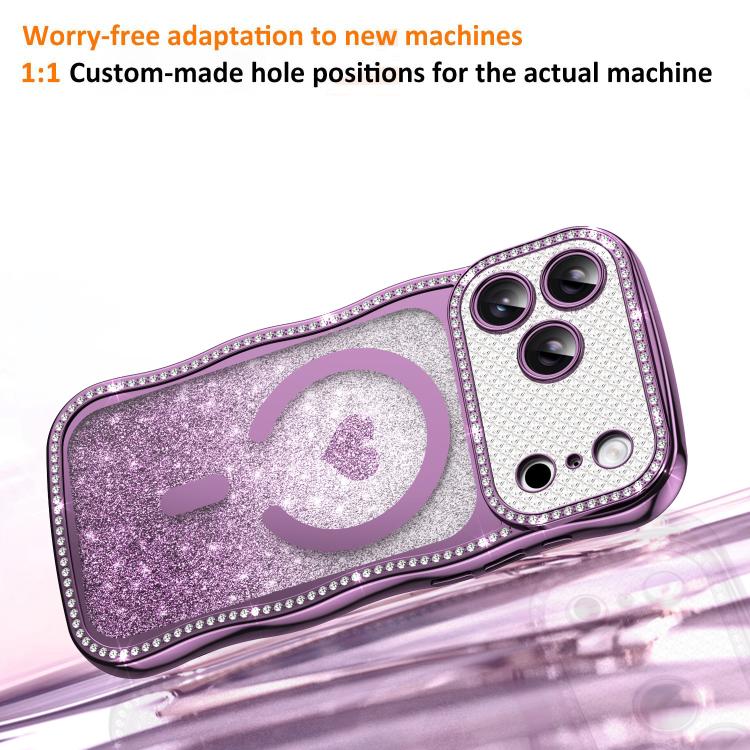 For iPhone 16 Pro Max Wavy Frame Star Diamond Electroplate TPU Glitter Heart Magnetic Phone Case